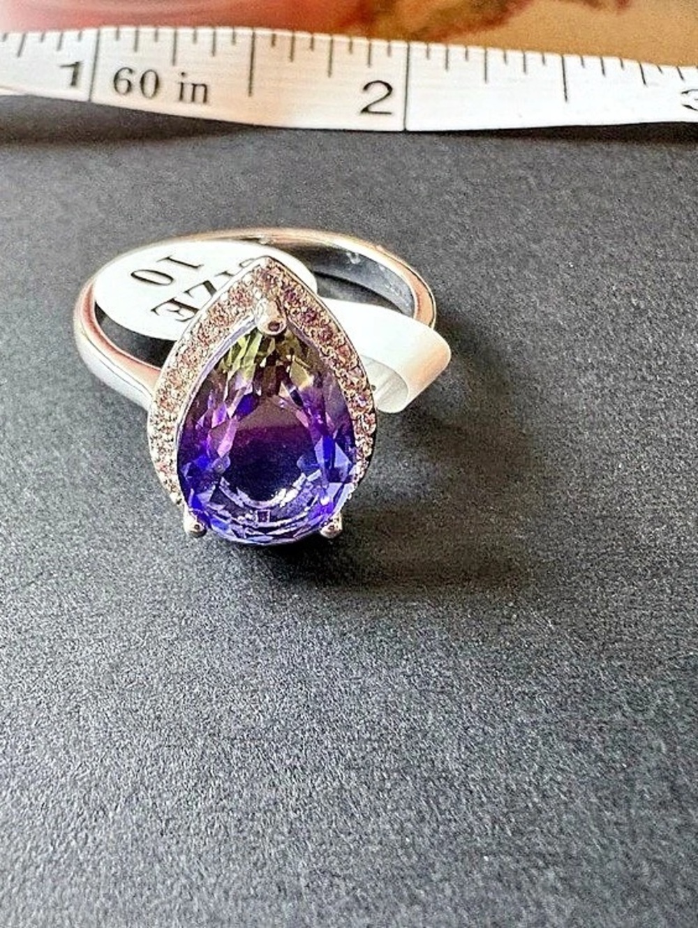 18K White Gold Layered Purple Teardrop Ametrine Statement Ring Size 10 NWT